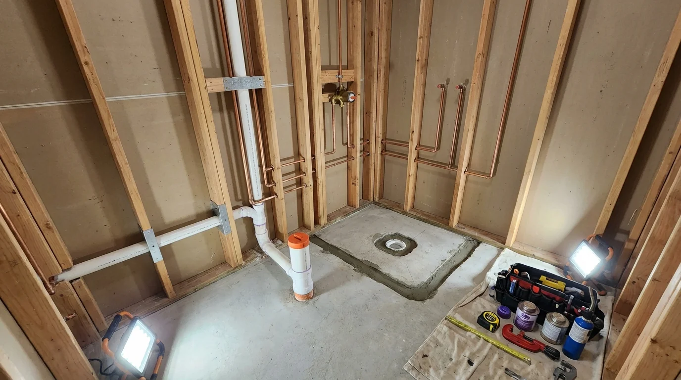 Bathroom rough-in plumbing during remodel by Johns Plumbing LLC in Canisteo