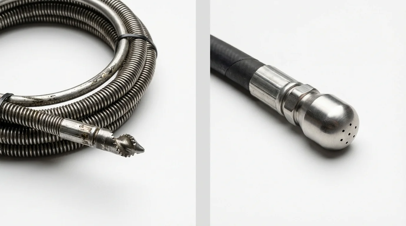 Drain snake cable and hydro jetting nozzle used for drain cleaning in Canisteo, NY
