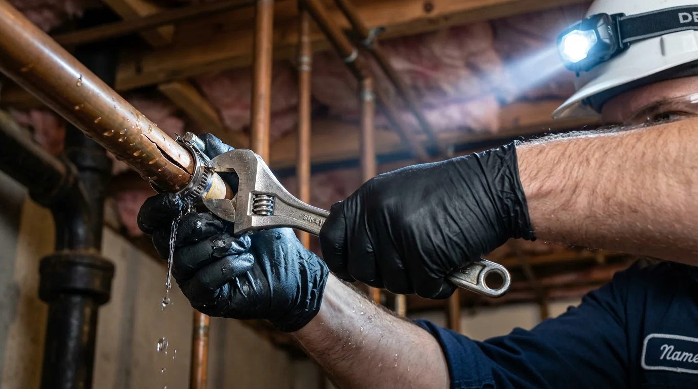 Emergency pipe clamp repair being performed by a Johns Plumbing LLC plumber in Canisteo