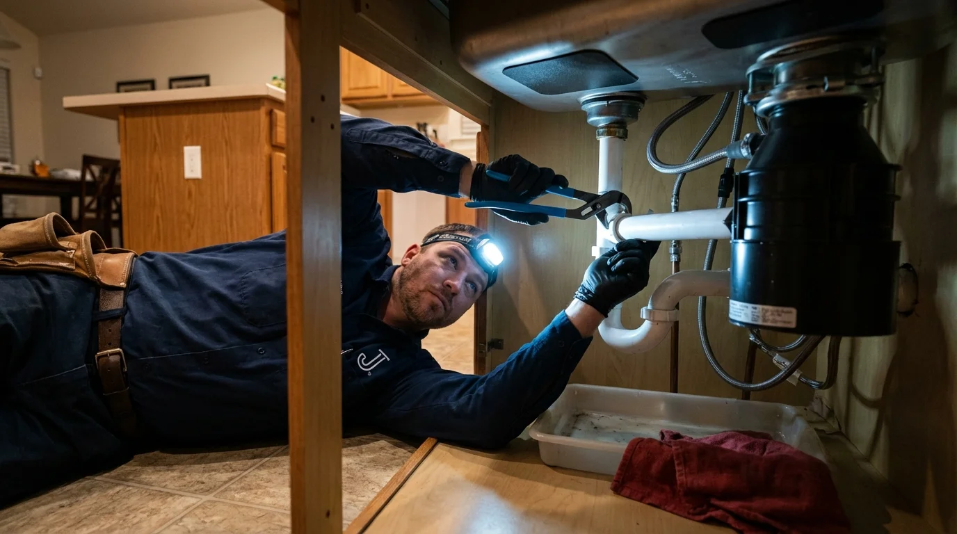 P-trap and supply line connections under a kitchen sink showing a common leak point in Canisteo, NY